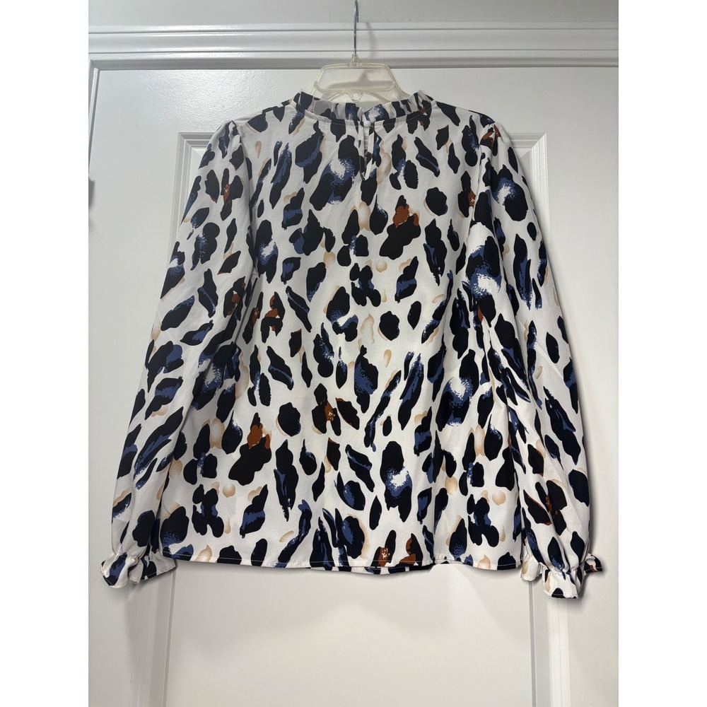 Shein Women Abstract Animal Print Ruffle Mock Neck Long Sleeve Blouse - Large - Picture 2 of 4